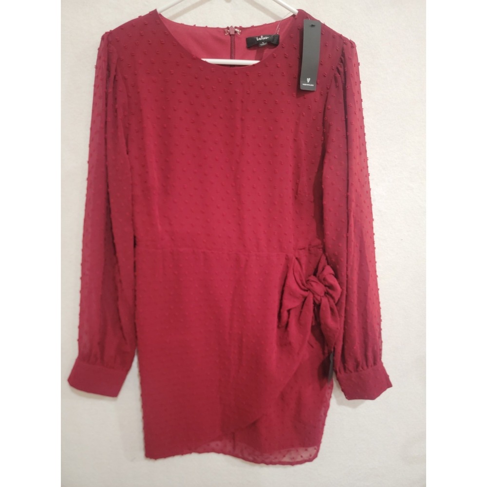 LULUS Much Love Wine Red Swiss Dot Long Sleeve Tie-Front Mini Dress NWT Size L